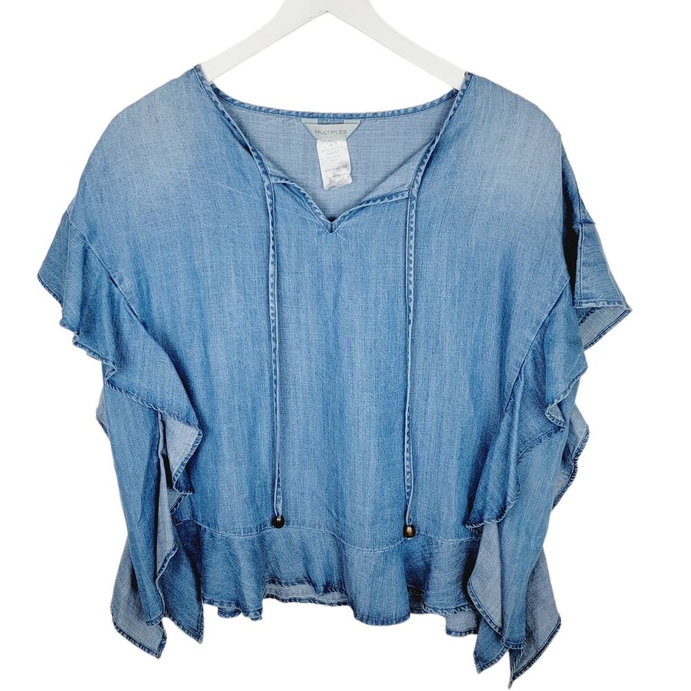 MULTIPLES Boho Chambray 100% Tencel Ruffle Hem Pullover Top - Size M